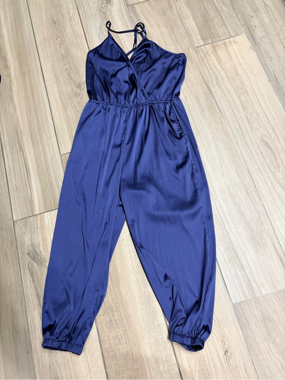 Fashion Nova Satin Navy Blue Spaghetti-Strap Jumpsuit